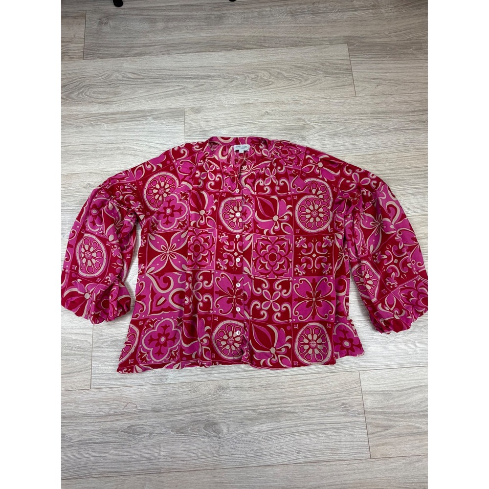 Olivia James The Label Pink Red Tile Print Balloon Sleeve Viscose Blouse Large